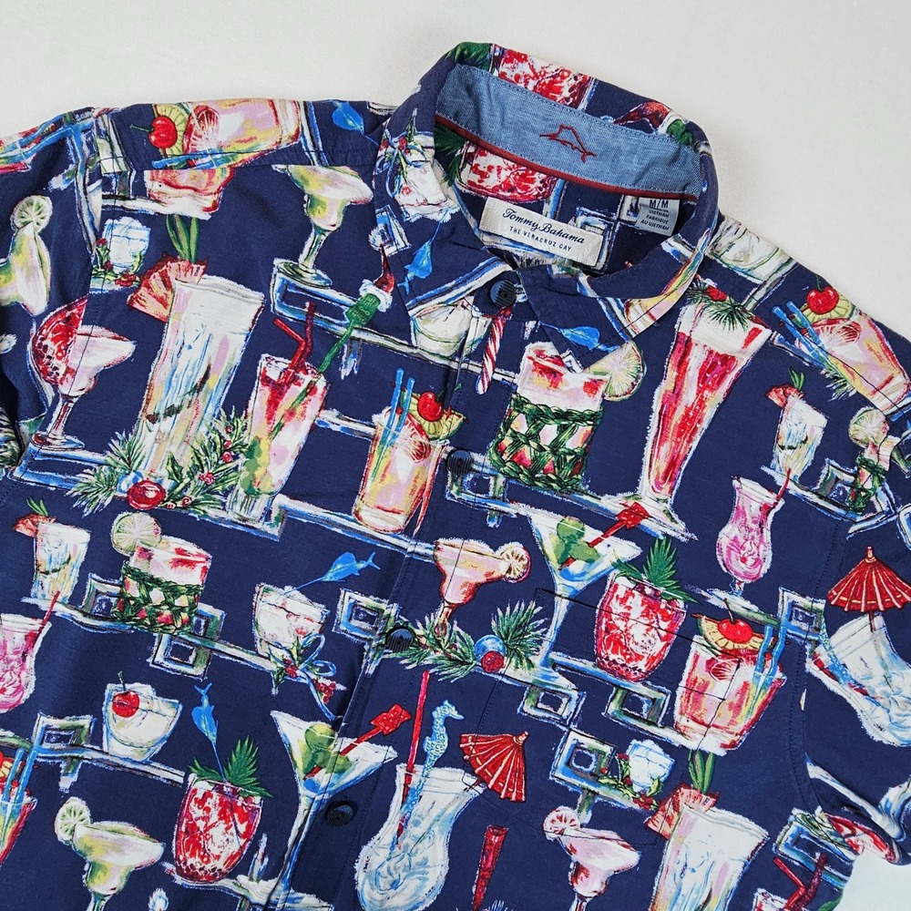 Tommy Bahama Veracruz Cay Mens Medium Navy Cocktail Drink Print Viscose Shirt